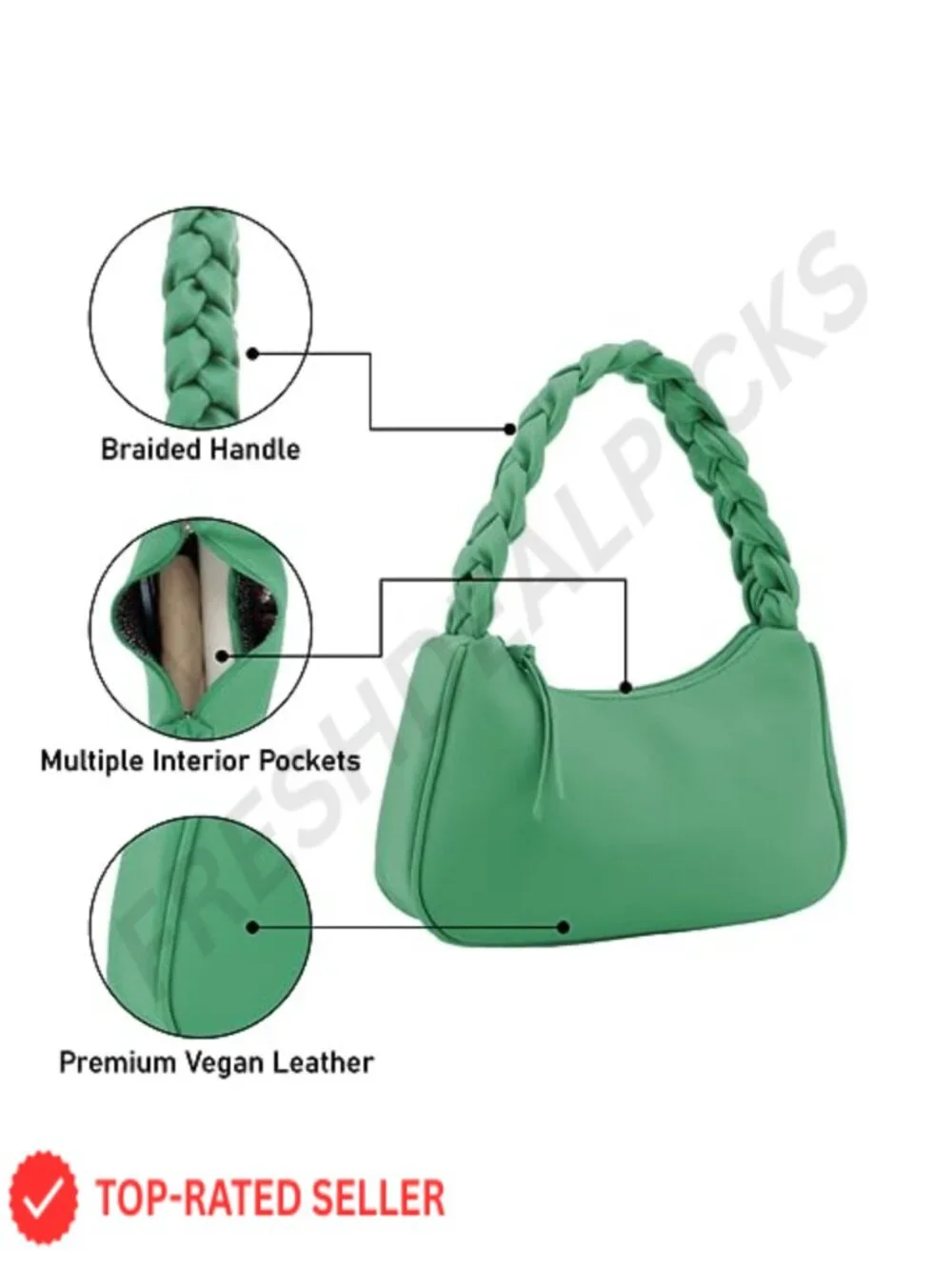 Women's Vegan Leather Hobo Shoulder Bag with Braided Handle